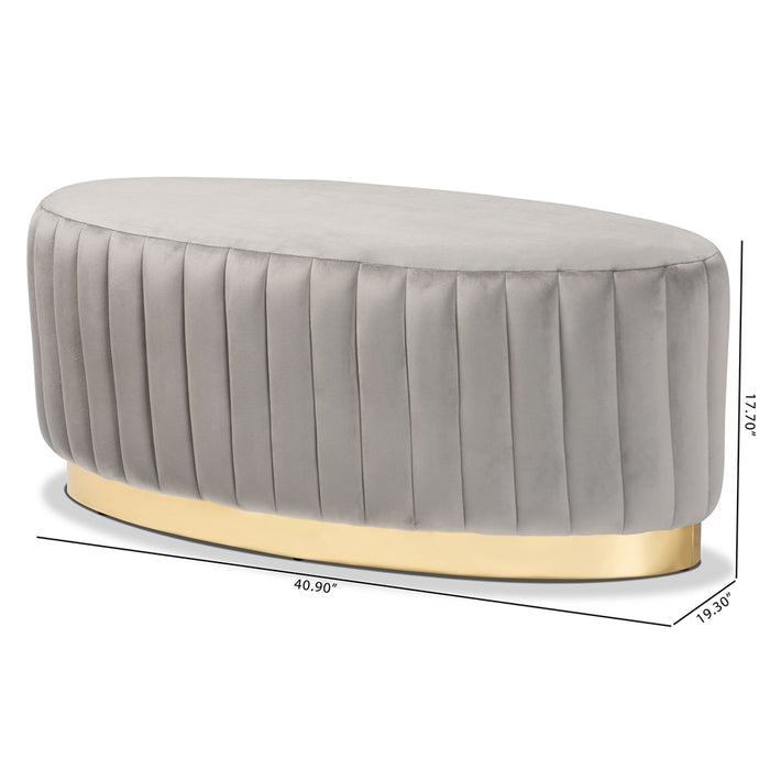 Kirana Glam and Luxe Grey Velvet Fabric Upholstered and Gold PU Leather Ottoman