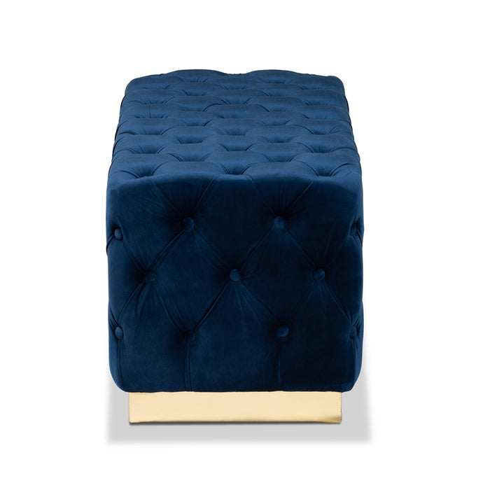 Corrine Glam and Luxe Navy Blue Velvet Fabric Upholstered and Gold PU Leather Ottoman