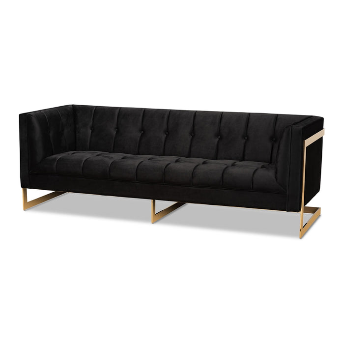 Ambra Glam and Luxe Black Velvet Upholstered and Button Tufted Sofa with Gold-Tone Frame
