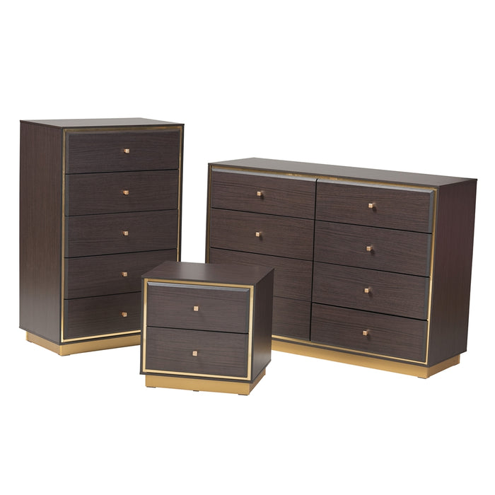 Cormac Mid-Century Modern Transitional Dark Brown Finished Wood and Gold Metal 3-Piece Storage Set