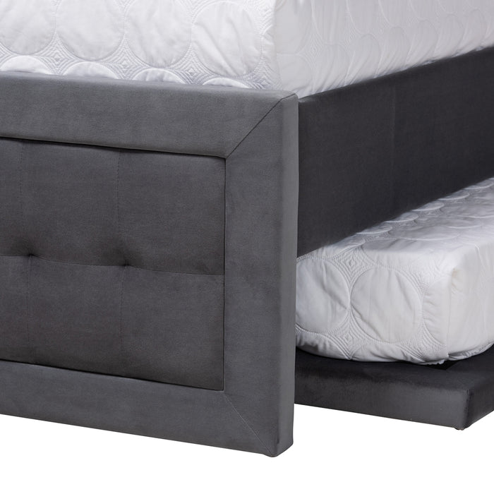 Tegan Modern and Contemporary Grey Velvet Fabric Upholstered Queen Size Platform Bed with Trundle