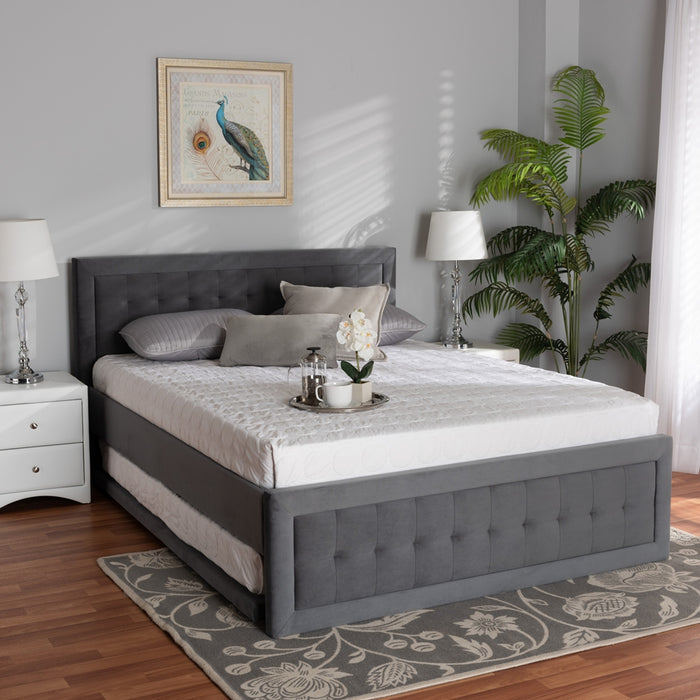 Tegan Modern and Contemporary Grey Velvet Fabric Upholstered Queen Size Platform Bed with Trundle