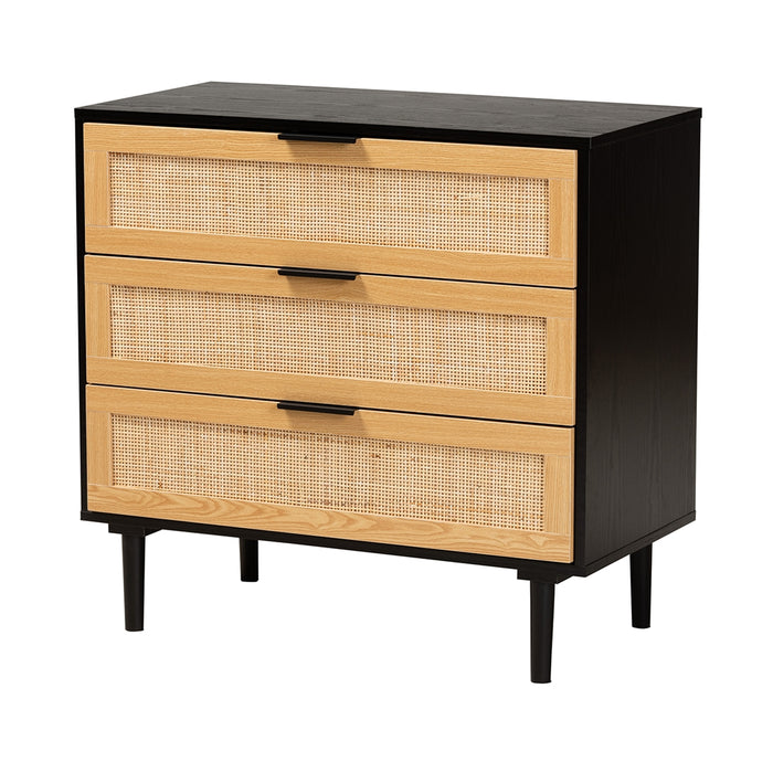 Maureen Mid-Century Modern Espresso Brown Wood and Rattan 3-Drawer Cabinet