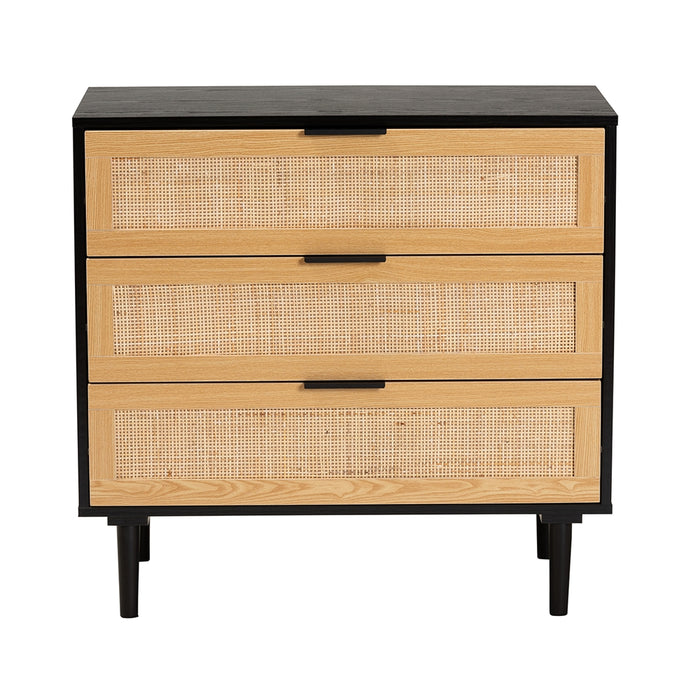 Maureen Mid-Century Modern Espresso Brown Wood and Rattan 3-Drawer Cabinet