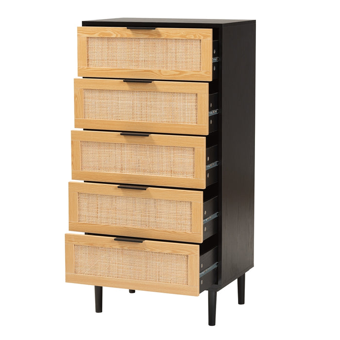 Maureen Mid-Century Modern Espresso Brown Wood and Rattan 5-Drawer Storage Cabinet