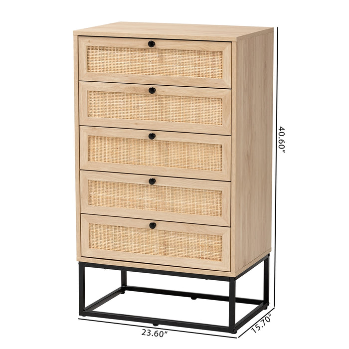 Amelia Mid-Century Modern Transitional Natural Brown Finished Wood and Natural Rattan 5-Drawer Storage Cabinet
