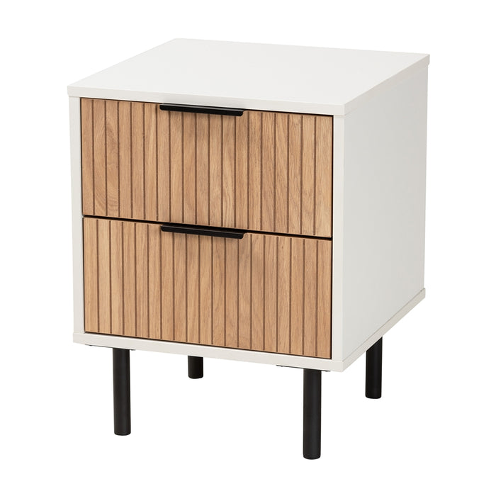 Karima Mid-Century Modern Two-Tone White and Natural Brown Finished Wood and Black Metal 2-Drawer End Table