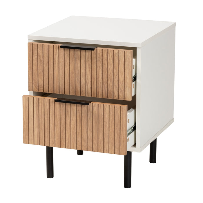 Karima Mid-Century Modern Two-Tone White and Natural Brown Finished Wood and Black Metal 2-Drawer End Table