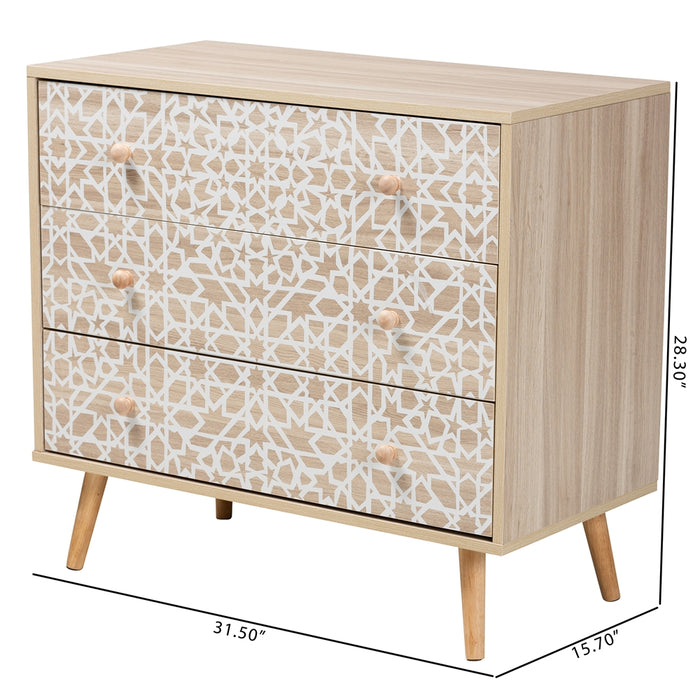 Beau Mid-Century Modern Transitional Two-Tone White and Oak Brown Finished Wood 3-Drawer Storage Cabinet