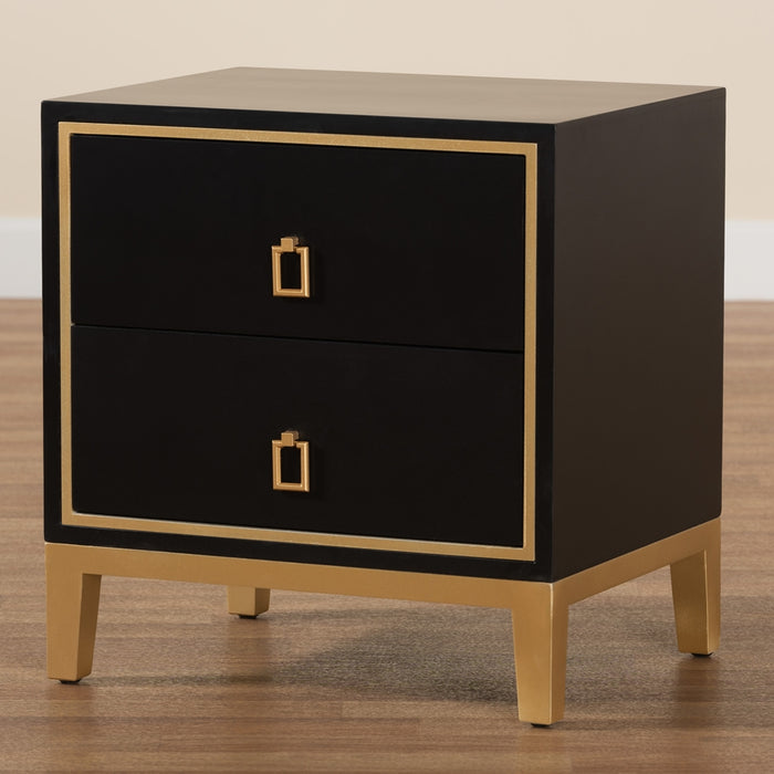 Donald Modern Glam and Luxe Black Finished Wood and Gold Metal 2-Drawer End Table