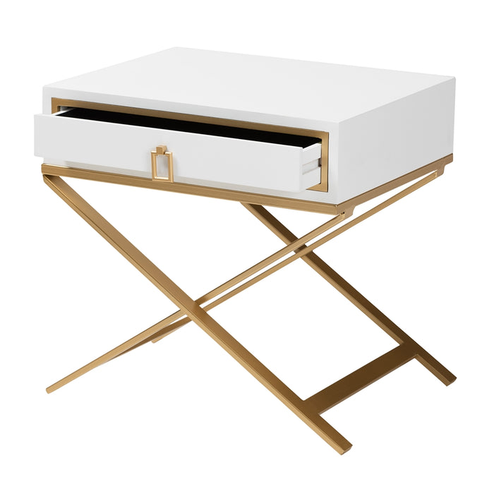 Lilibet Modern Glam and Luxe White Finished Wood and Gold Metal 1-Drawer End Table