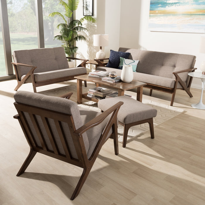 Bianca Mid-Century Modern Walnut Wood Light Grey Fabric Tufted Livingroom Sofa Set