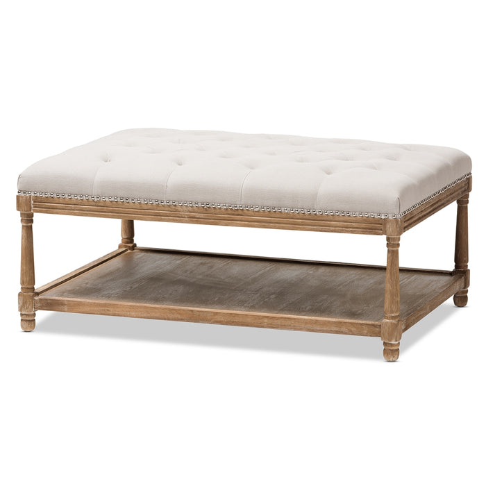 Carlotta French Country Weathered Oak Beige Linen Rectangular Coffee Table Ottoman