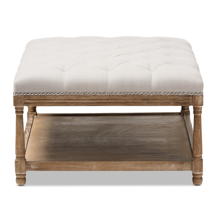 Carlotta French Country Weathered Oak Beige Linen Rectangular Coffee Table Ottoman