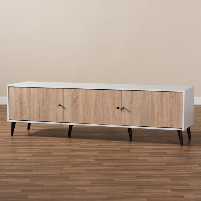 Bastien Mid-Century Modern White and Light Oak 6-Shelf TV Stand