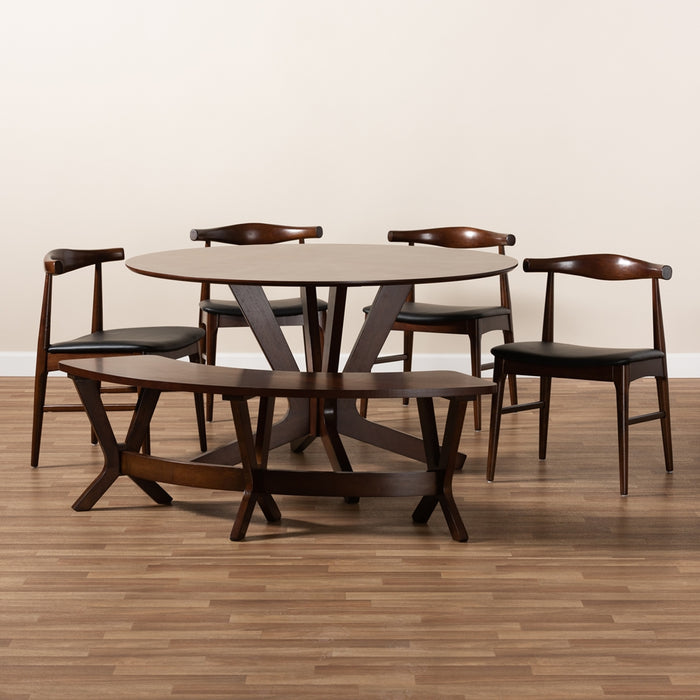 Berlin Mid-Century Modern Black Faux Leather Upholstered Walnut Finished 6-Piece Wood Dining Set