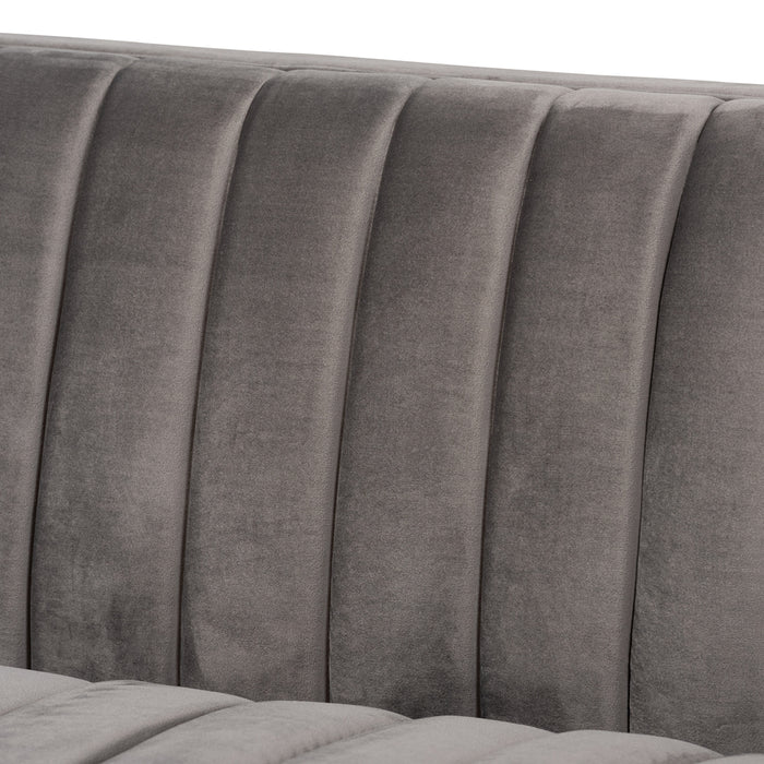Aveline Glam and Luxe Grey Velvet Fabric Upholstered Brushed Gold Finished Sofa