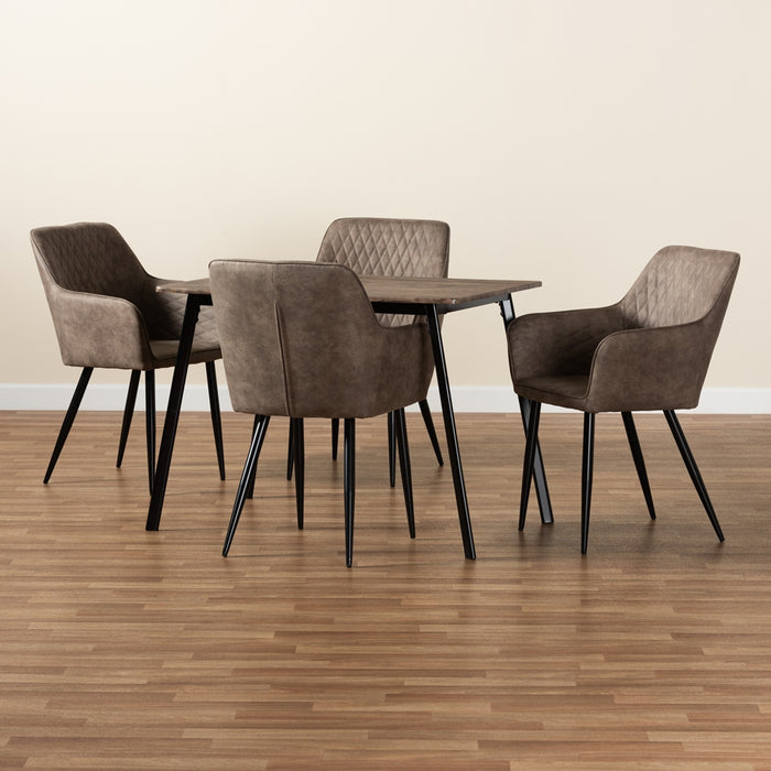 Belen Modern Transitional Grey Faux Leather Effect Fabric Upholstered and Black Metal 5-Piece Dining Set