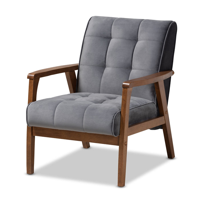 Asta Mid-Century Modern Grey Velvet Fabric Upholstered Walnut Finished Wood 3-Piece Living Room Set