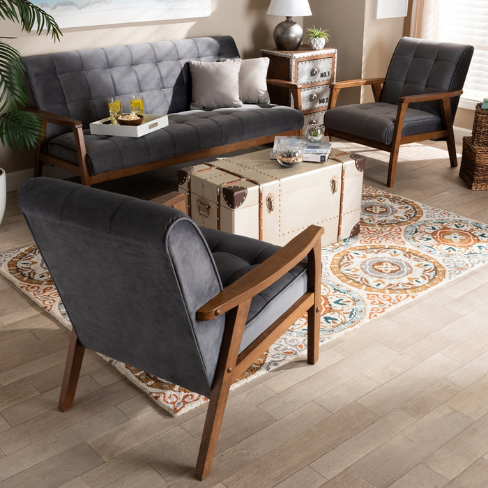 Asta Mid-Century Modern Grey Velvet Fabric Upholstered Walnut Finished Wood 3-Piece Living Room Set