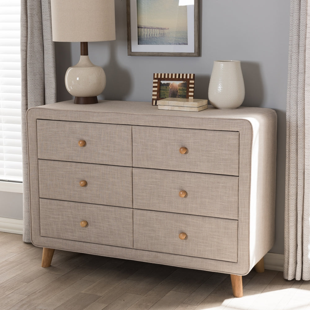 Baxton Studio Jonesy Mid-Century Beige Linen Upholstered 6-Drawer Dresser Baxton Studio Jonesy Mid-Century Beige Linen Upholstered 6-Drawer Dresser