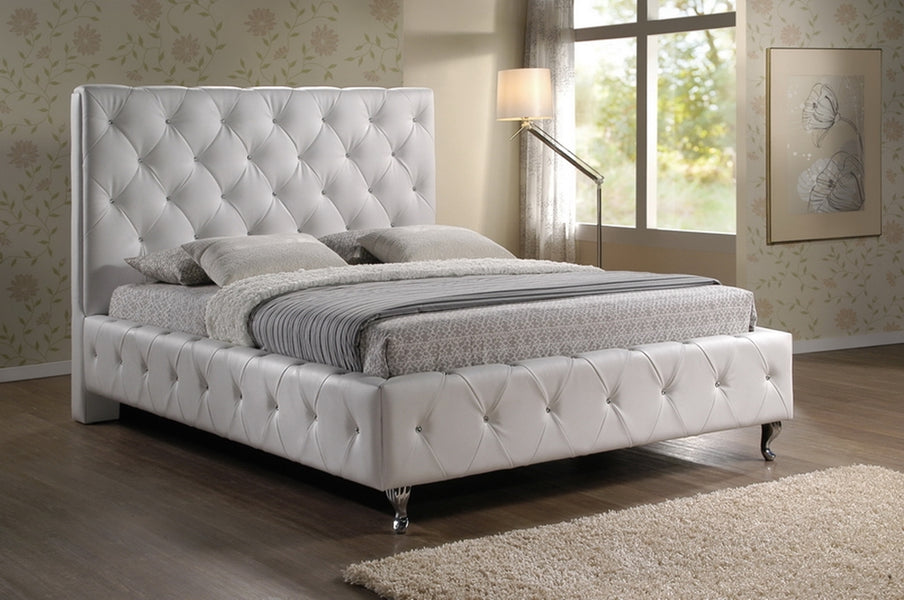 Stella Crystal Tufted White Modern Bed with Upholstered