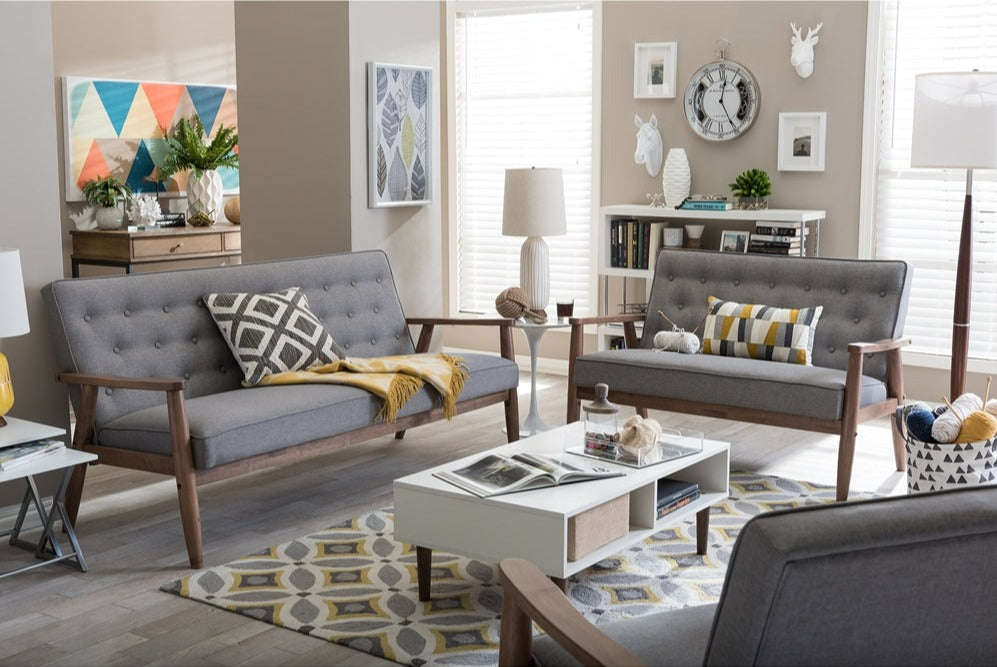 Sorrento Mid-century Retro Modern Gray Fabric Upholstered Wooden 3 Piece Living room Set