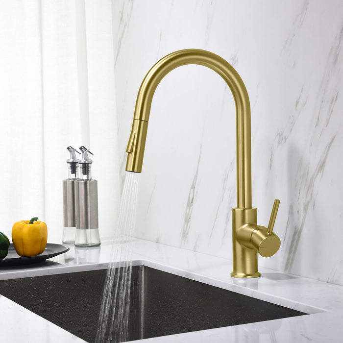 Circular Single Handle Pull Down Kitchen Faucet Brushed Gold