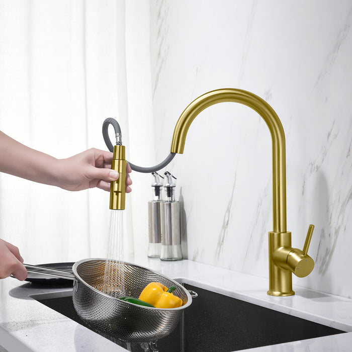 Circular Single Handle Pull Down Kitchen Faucet Brushed Gold