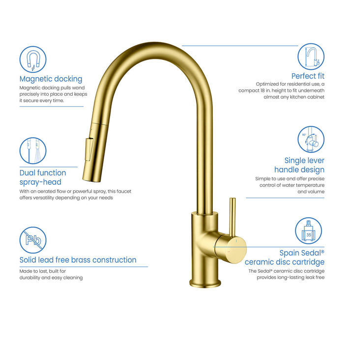 Circular Single Handle Pull Down Kitchen Faucet Brushed Gold