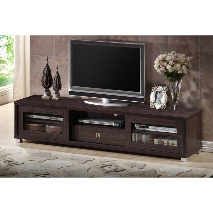 Beasley 70-Inch Dark Brown TV Cabinet with 2 Sliding Doors and Drawer