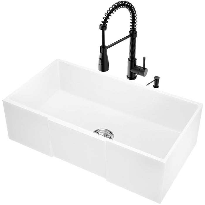 All-In-One 30" Square Front Matte Stone Farmhouse Apron Kitchen Sink Set With Brant Faucet, Soap Dispenser, Strainer, and Cutting Board