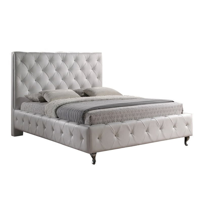 Stella Crystal Tufted White Modern Bed with Upholstered Headboard - King Size