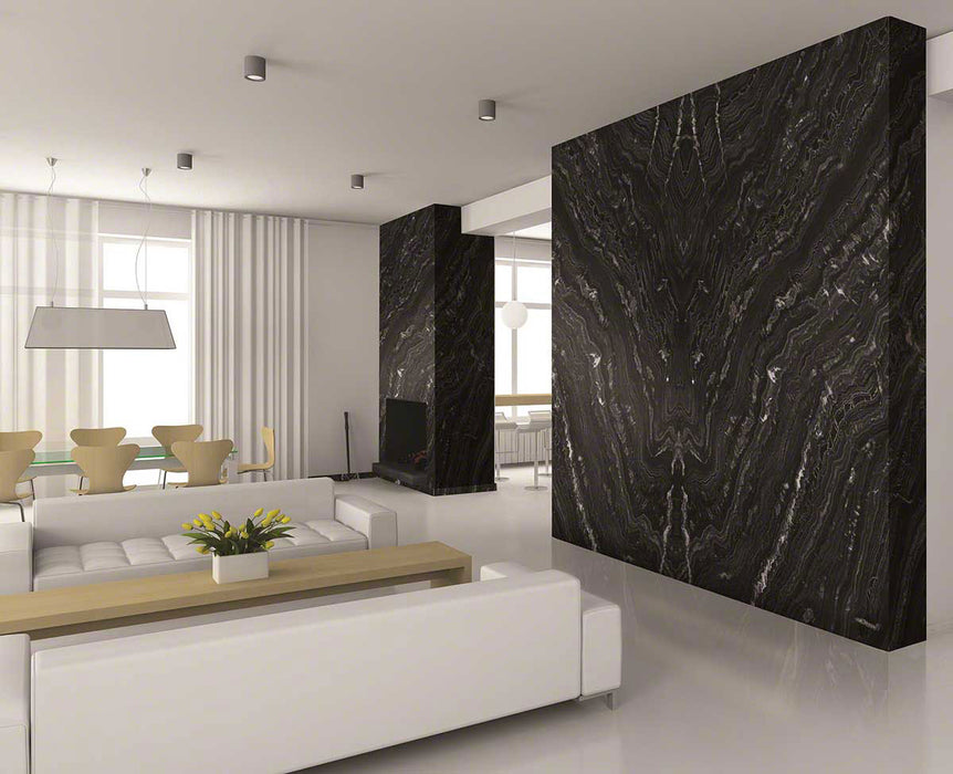 Agatha black granite wall living room scene