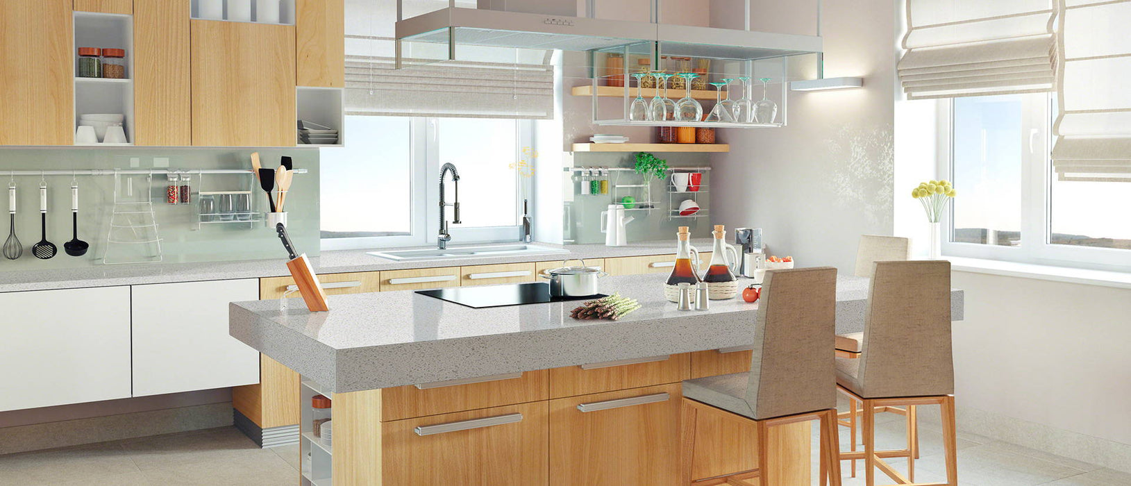 Meridian gray quartz countertop kitchen scene