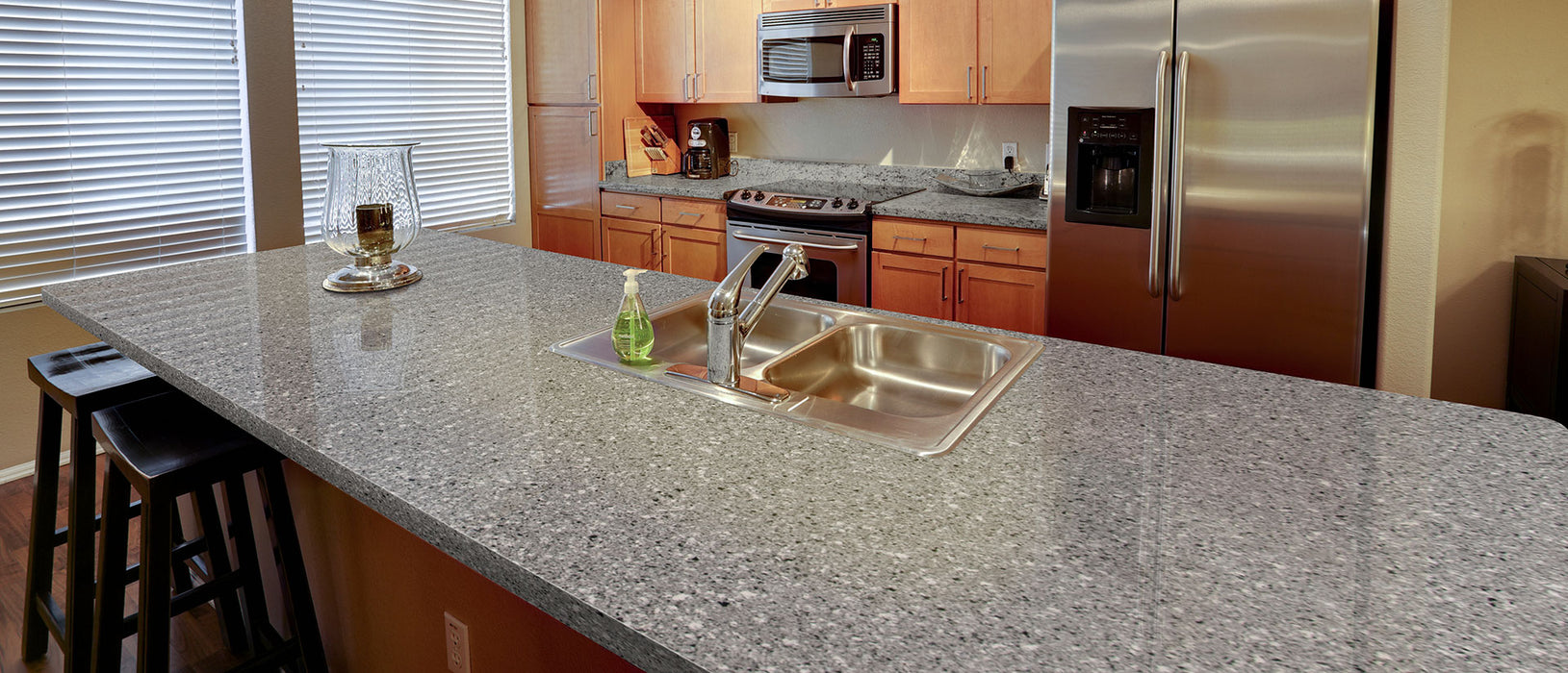 Pearl gray quartz countertop kitchen scene