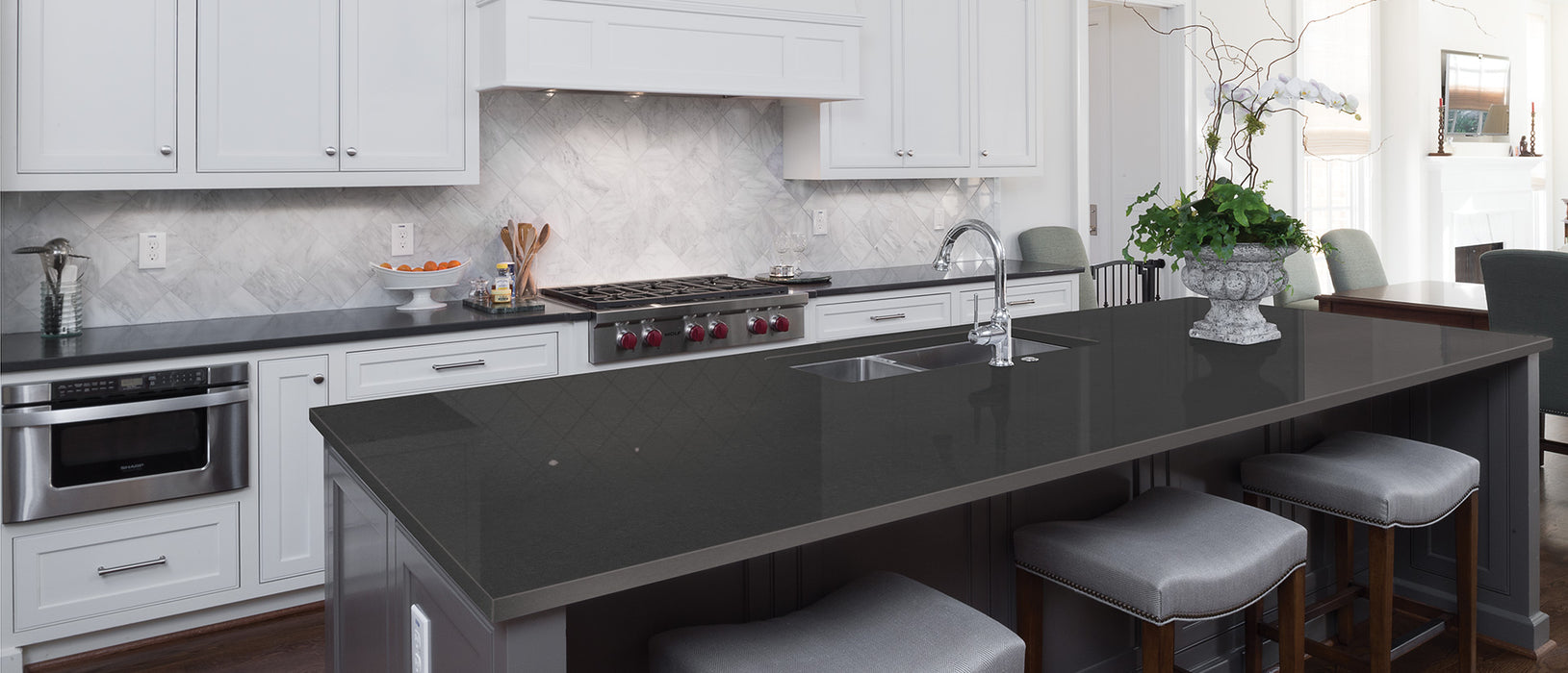 Shadow gray quartz countertop kitchen scene