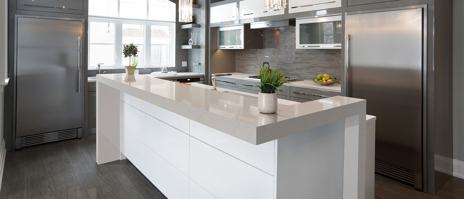 Alabaster white quartz countertop kitchen scene