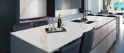 Calacatta Leon gold quartz countertop kitchen scene