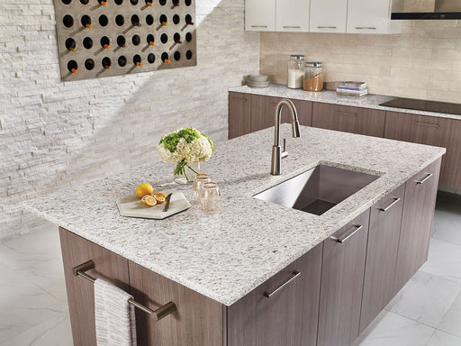White Ornamental granite countertop kitchen scene
