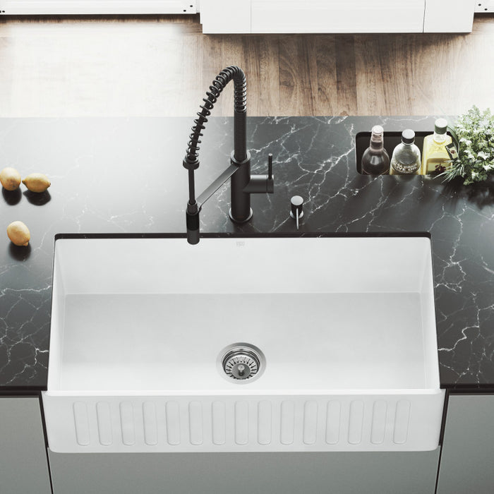 All-In-One 36" Matte Stone Farmhouse Apron Kitchen Sink Set With Livingston Faucet In Matte Black, Strainer And Soap Dispenser