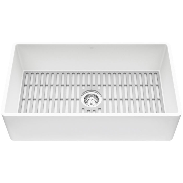 33-Inch Matte Stone Farmhouse Flat Apron Front Kitchen Sink With Silicone Grid in Gray