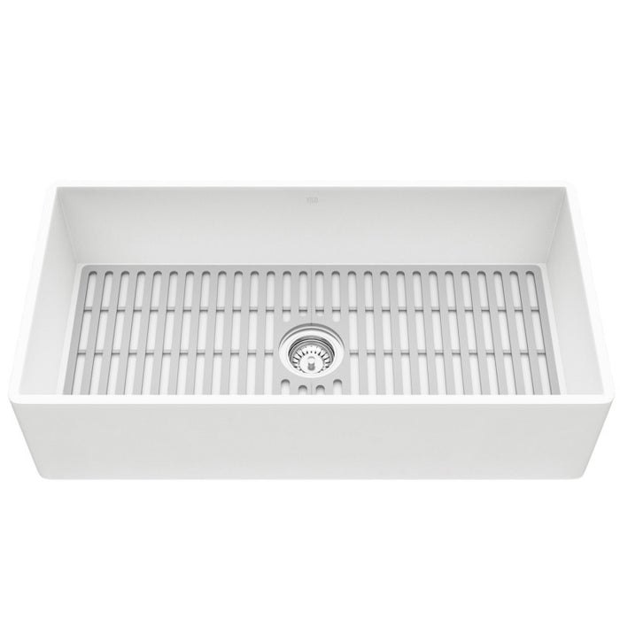 36-Inch Matte Stone Farmhouse Flat Apron Front Kitchen Sink With Silicone Grid in Grey