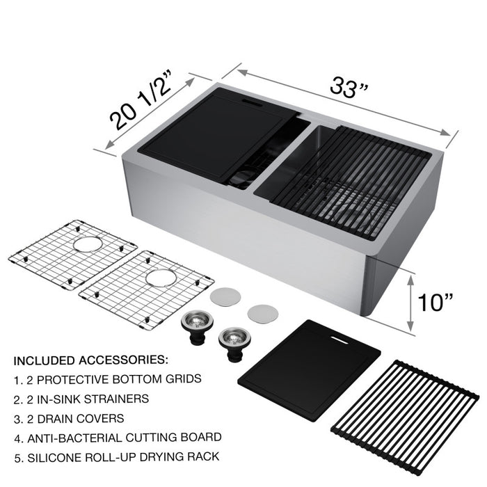 33-Inch Double Bowl Oxford Apron Front Stainless Steel Farmhouse Kitchen Sink With Accessories